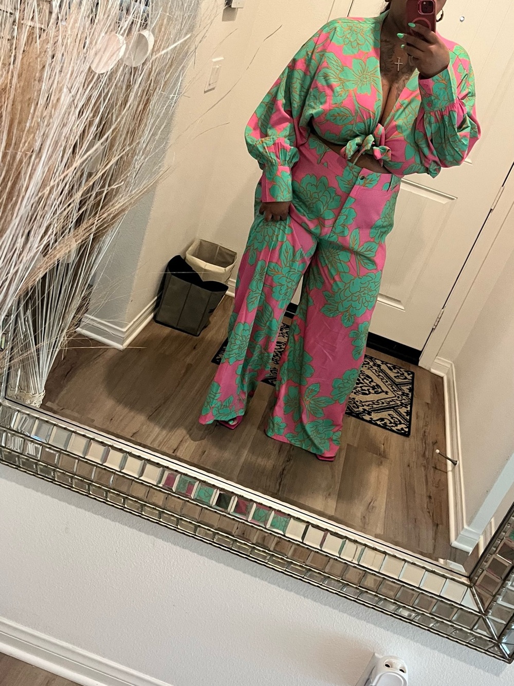 Pink and Green Floral Two-Piece Set - Cropped Tie Top & Wide Leg Pants - Picture 5 of 5